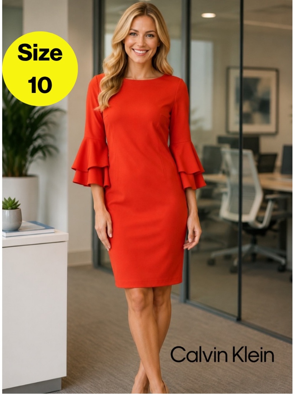 CALVIN KLEIN 🧡 Coral Orange Tiered Bell Sleeve Midi Dress (Women’s Size 10)